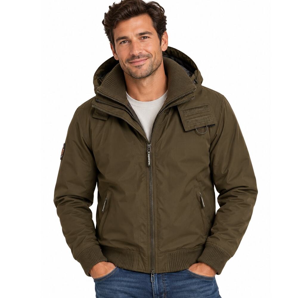 Superdry + Microfibre Windbomber Jacket Mens Medium Olive Green Hooded **FLAW